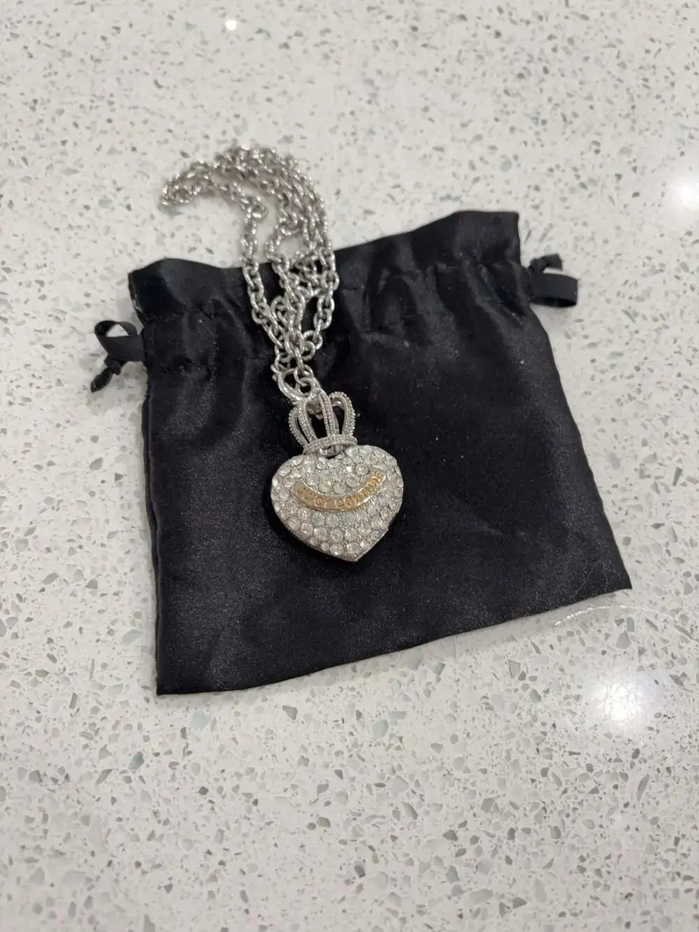 Vintage Juicy Couture Silver Tone Rhinestone Crown Heart Pendant Necklace